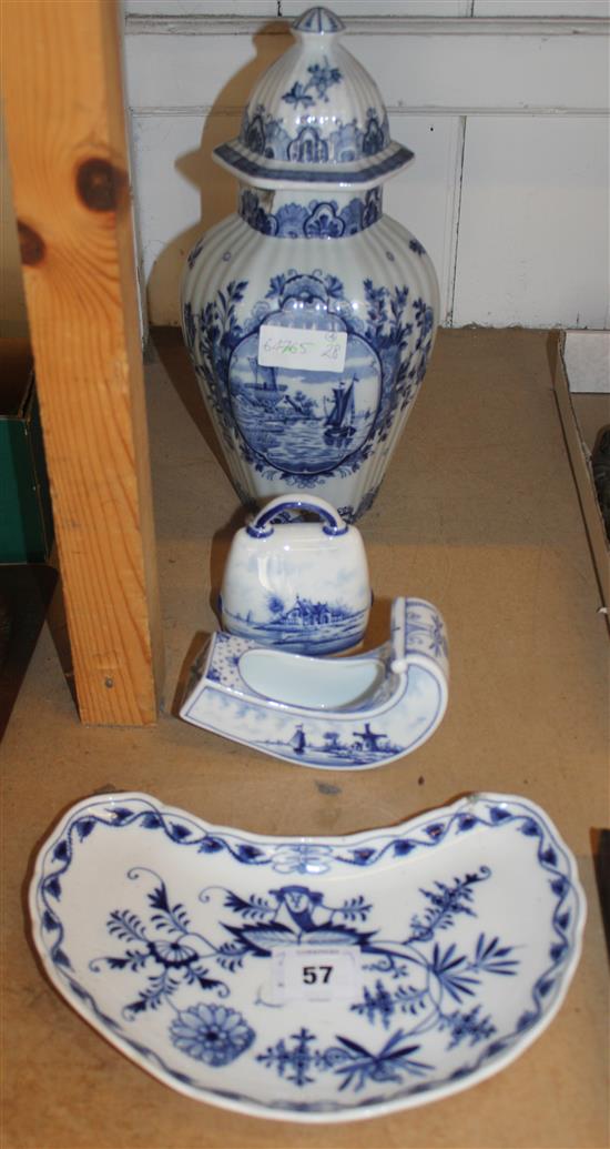 Delft blue and white ribbed octagonal vase & 3 other blue and white pieces